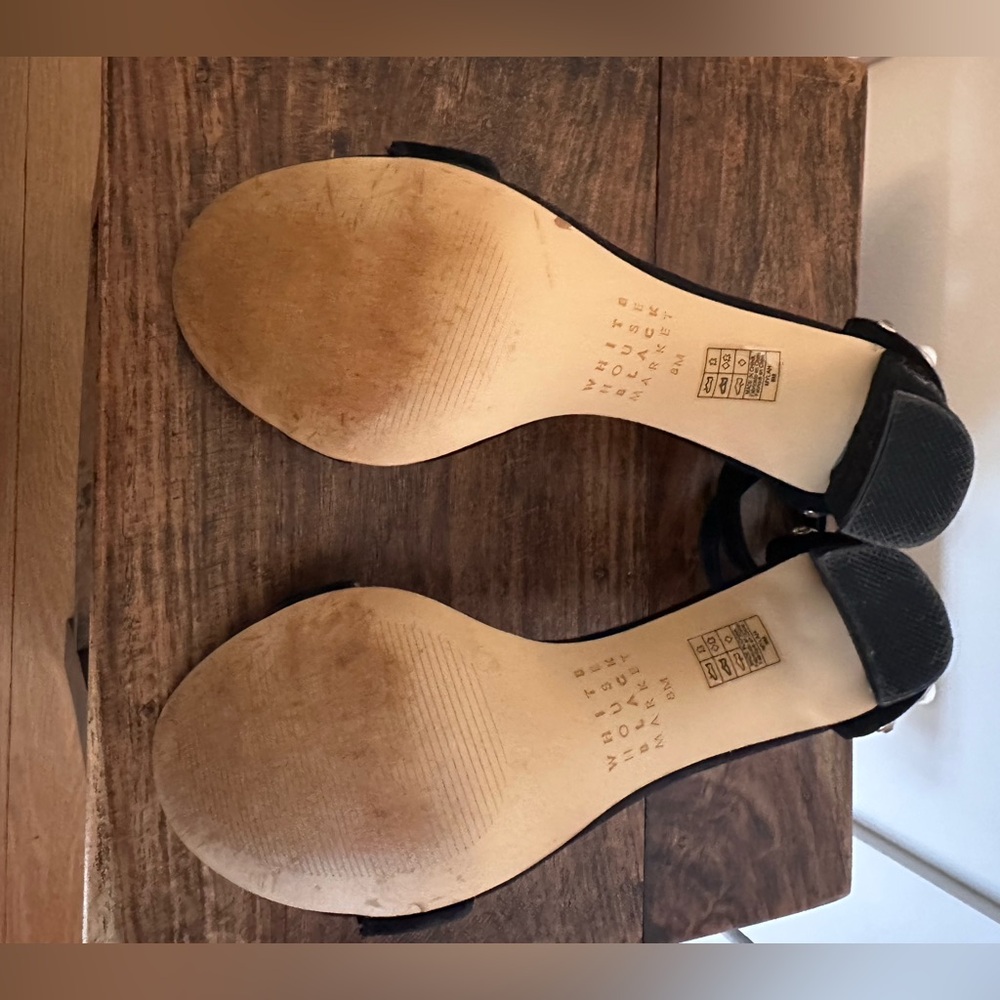 WHBM size 8 block heel sandal—black suede with pearl and rhinestone studs. - Picture 7 of 8
